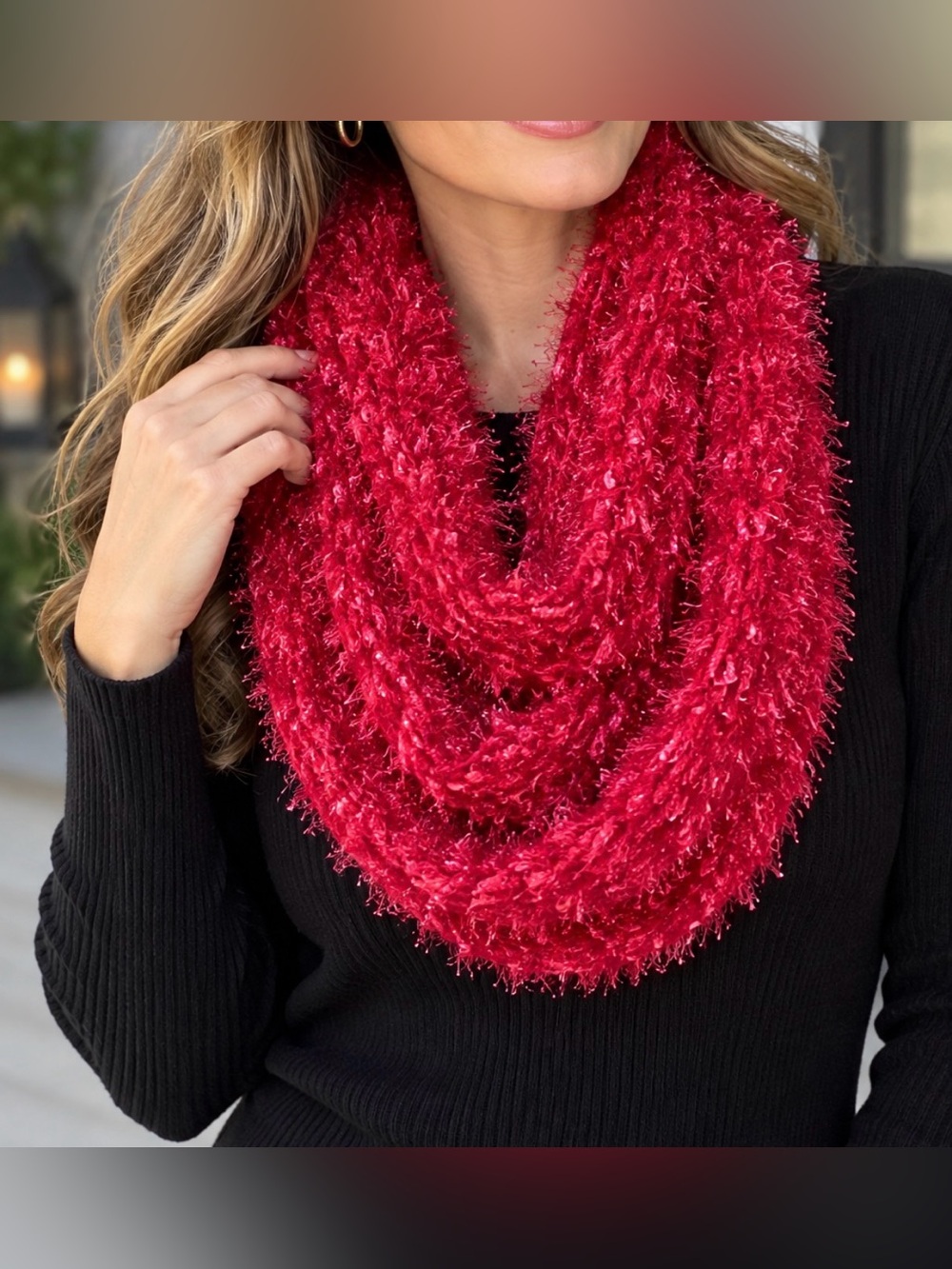 Vintage Eyelash Yarn Red Pink Infinity Scarf 62" EUC Converible Versitile Warm